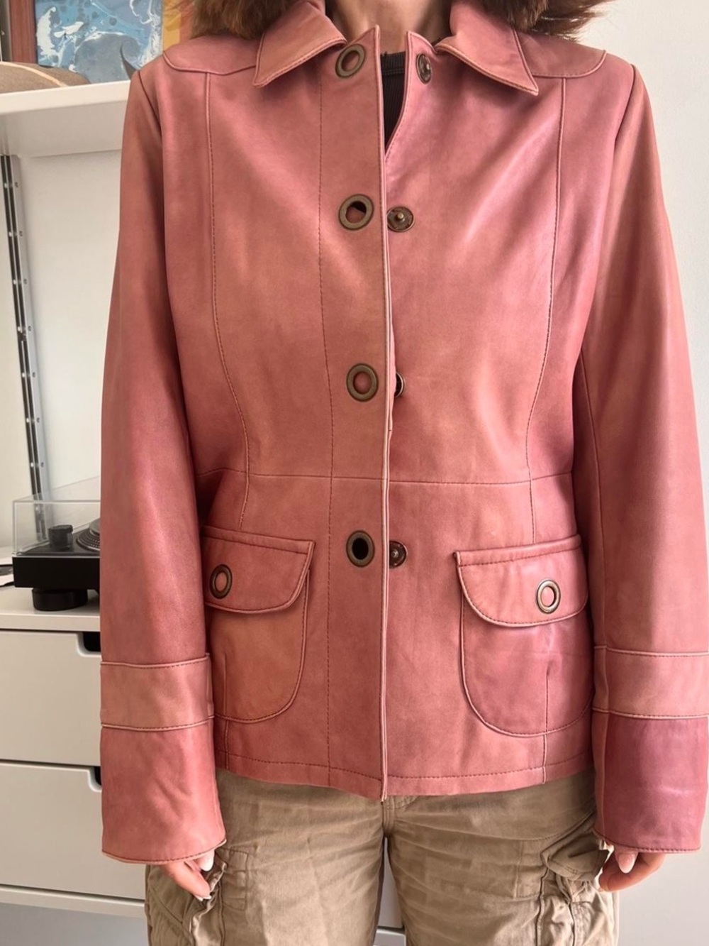Vintage Rose-Pink Leather Button Jacket